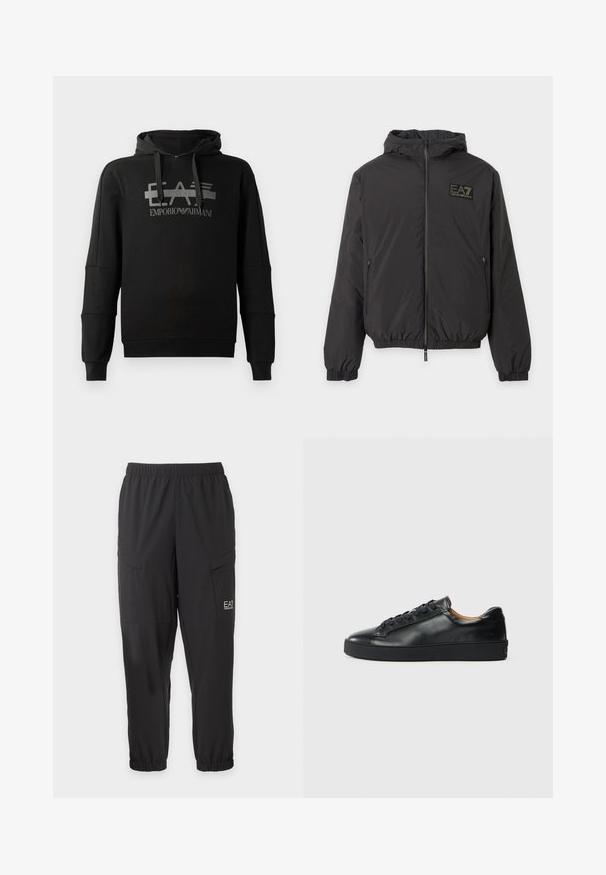 Čierna bunda s kapucňou, predným zipsom, elastickými manžetami a lemom, bočné vrecká na zips a logo EA7 Emporio Armani na hrudi.; Čierna mikina s kapucňou, ktorá má výrazné šedé grafické logo "EA7 Emporio Armani". Vyrobená z mäkkého materiálu s dlhými rukávmi a voľným strihom.; Čierne casual nohavice s elastickým pásom a manžetami, bočnými vreckami s chlopňou a malým bielym logom EA7 Emporio Armani na pravom stehne.; Čierne kožené tenisky s hladkým povrchom, okrúhlou špičkou a šnúrkami. Majú hrubú gumenú podrážku a minimálne značkové detaily.