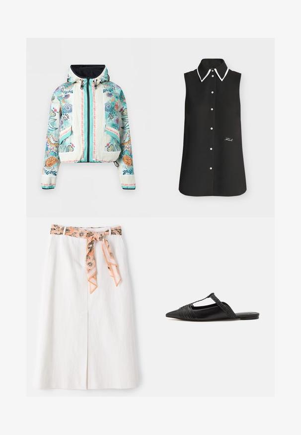 Hoodie met rits en capuchon, versierd met kleurrijke bloemen- en tijgerpatronen, lichtteal en crème achtergrond, met trekkoorden en "Just Cavalli" merkaccenten.; Zwarte mouwloze blouse met witte knopen, witte bies op de puntige kraag en kleine witte geborduurde tekst "Karl" aan de voorkant rechterzijde.; Witte midi-rok met een gestreepte zijden strik in de taille. Heeft een rechte snit en subtiele textuur. Geen zichtbare sluitingen.; Zwarte leren slingback schoen met een puntige neus, voorzien van een gevlochten accent en geplooid ontwerp aan de bovenkant. Platte zool met minimale hardware.