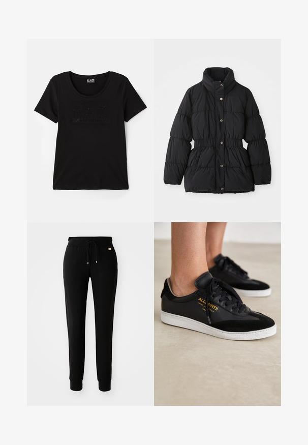 Chaqueta de invierno negra acolchada con cuello alto, cintura elástica, cierre de botones de presión y bolsillos laterales.; Camiseta negra de manga corta hecha de tela suave, con un logo sutil y brillante en un diseño tonal en la parte frontal. Escote redondo.; Pantalones de chándal negros ajustados con cintura con cordón y tobillos ceñidos, mostrados sobre un fondo blanco plano.; Zapatillas de cuero y ante negro con suelas de goma blanca. Presentan cordones en tono y detalles del logo dorado en el lateral. Diseño plano.