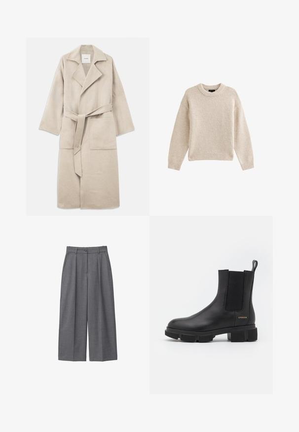 Beige uldblandingsfrakke med spidse krave, lange ærmer, bælte og to forlommer, med en blød tekstur og afslappet pasform.; Beige strikket sweater med rund hals, lange ærmer og ribbet kant. Tekstureret stof med en blød udseende. Enkel og alsidig design.; Grå bredbenede bukser lavet af glat stof, med høj talje, læg, knaplukning og sidelommer. Minimalistisk design.; Sorte læder ankelstøvle med elastiske sidepaneler og en kraftig mønstret sål. Har en pull tab og guld branddetalje. Mat finish.