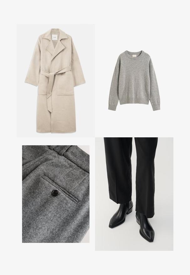 Manteau en mélange de laine beige avec un col cranté, des manches longues, une ceinture à nouer et deux poches avant, présentant une texture douce et une coupe décontractée.; Pull gris clair à manches longues avec col rond, poignets et ourlet côtelés, en tissu tricoté doux avec une petite étiquette de marque à l’intérieur du col.; Pantalon en laine grise avec devant plat, une poche arrière unique avec un bouton noir, et une finition douce et texturée.; Bottes noires en cuir à la cheville avec un bout pointu, texture lisse et un talon carré. Associées à un pantalon noir à jambes larges, elles créent une silhouette élégante.