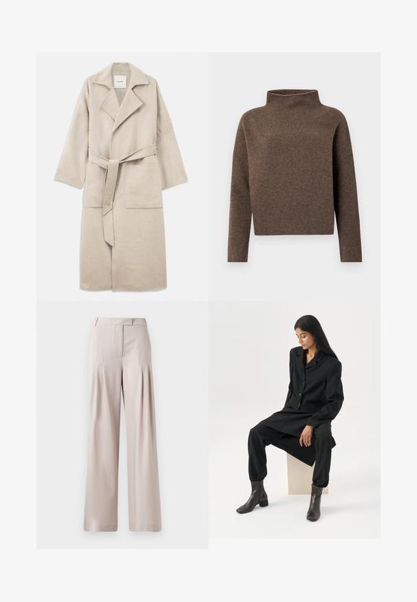 Manteau en mélange de laine beige avec un col cranté, des manches longues, une ceinture à nouer et deux poches avant, présentant une texture douce et une coupe décontractée.; Pull marron court avec un col haut à revers, des manches longues et un tissu doux et texturé. Design minimaliste sans matériel visible.; Pantalons larges beiges avec une texture lisse, un design plissé à l'avant et une taille ajustée. Convient pour une tenue formelle ou décontractée.; Femme aux longs cheveux foncés assise, portant un blazer noir ample, un pantalon large assorti et des bottines foncées, sur un fond blanc uni.