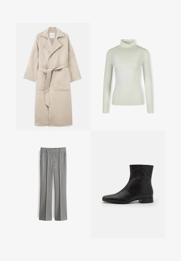 Beige Wollmischungs-Mantel mit Reverskragen, langen Ärmeln, Gürtelbindung und zwei vorderen Taschen, der eine weiche Textur und eine lockere Passform bietet.; Helles Cremefarbener Rollkragenpullover aus weichem, geripptem Material; figurbetontes Design mit langen Ärmeln und strukturiertem Saum. Keine Muster oder Akzente.; Herren maßgeschneiderte graue Anzughosen mit vorderen Falten, Gürtelschlaufen und Seitentaschen, flach auf einem weißen Hintergrund ausgelegt.; Schwarze Lederknöchelstiefel mit spitz zulaufender Zehe, glatter Textur, minimalistischem Design und niedrigem Blockabsatz. Der seitliche Reißverschluss reicht bis zum Knöchel.
