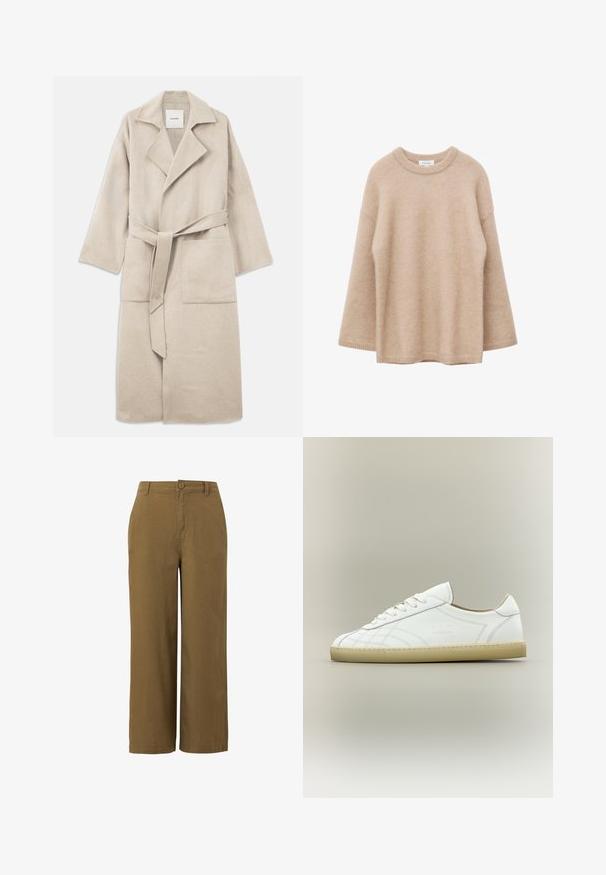 Beige wolmixjas met een opstaand kraag, lange mouwen, strikceintuur en twee voorkeurszakken, met een zachte textuur en een comfortabele pasvorm.; Beige trui met lange mouwen, ronde hals, zachte, pluizige textuur en een losse pasvorm, weergegeven tegen een witte achtergrond.; Bruine wijde broek van een textuur-katoenmix, met een knoopsluiting aan de voorkant en een standaard tailleontwerp.; Witte lage leren sneaker met beige zool, vetersluiting en subtiele gestikte patronen op een neutrale achtergrond.