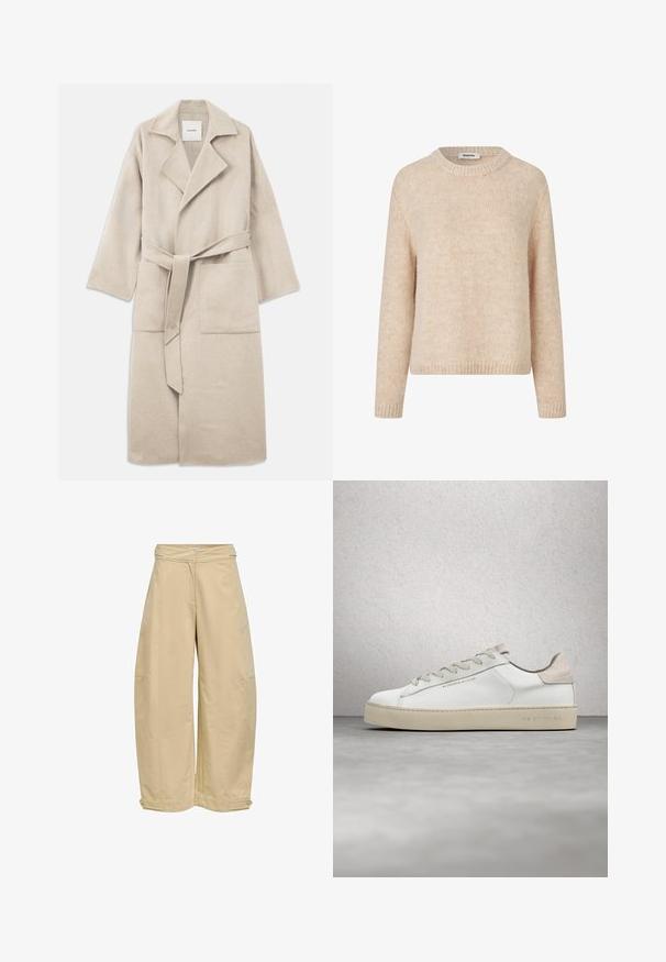 Manteau en mélange de laine beige avec un col cranté, des manches longues, une ceinture à nouer et deux poches avant, présentant une texture douce et une coupe décontractée.; Pull à col rond en tricot beige à manches longues, fabriqué en tissu doux et pelucheux, avec des bords côtelés aux poignets et à l'ourlet.; Pantalon beige à jambes larges avec taille haute et bretelles ajustables boutonnées à l'ourlet sur fond blanc.; Sneaker en cuir blanc avec une finition lisse, accents en suède beige, bout arrondi, design à lacets plats et semelle en caoutchouc texturée.