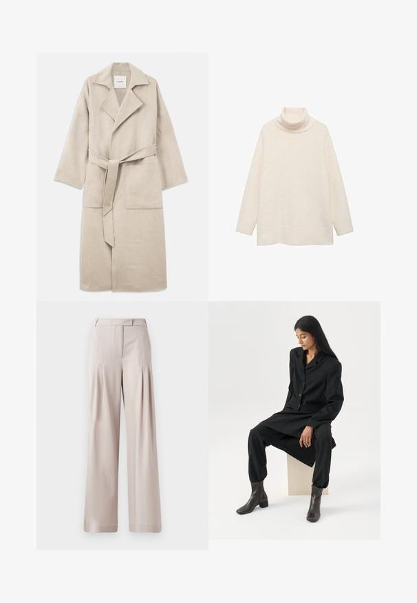 Manteau en mélange de laine beige avec un col cranté, des manches longues, une ceinture à nouer et deux poches avant, présentant une texture douce et une coupe décontractée.; Pull à col roulé de couleur crème en tissu doux et texturé. Doté de manches longues et d'une coupe ample et décontractée. Design simple sans motifs.; Pantalons larges beiges avec une texture lisse, un design plissé à l'avant et une taille ajustée. Convient pour une tenue formelle ou décontractée.; Femme aux longs cheveux foncés assise, portant un blazer noir ample, un pantalon large assorti et des bottines foncées, sur un fond blanc uni.