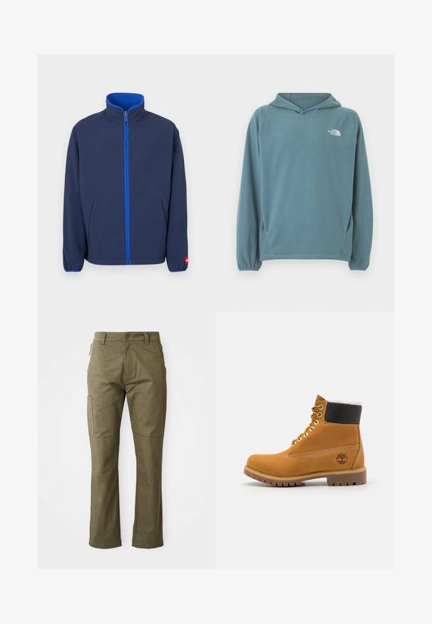 Marineblauw jack met een hoge kraag, fleece voering in de kraag en een contrasterende blauwe rits. Voorzien van zijzakken en elastische manchetten.; Blauwe fleece hoodie met een kangoeroezak, capuchon met trekkoord en elastische manchetten. Voorzien van een wit logo op de borst. Soepele textuur.; Khaki cargobroek gemaakt van stevig katoen, met zijzakken, rechte pijpen en een rits met knoopsluiting.; Bruine leren enkellaars met metalen oogjes, witte faux bont voering, zwarte gewatteerde kraag, robuuste zool en een reliëflogo aan de zijkant.