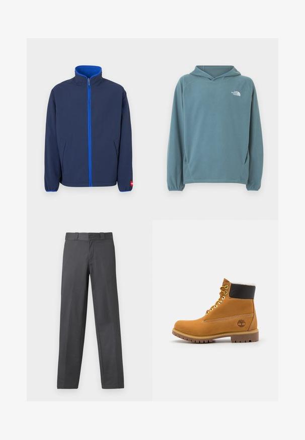 Chaqueta azul marino con cuello alto, forro polar en el cuello y cremallera azul en contraste. Cuenta con bolsillos laterales y puños elásticos.; Sudadera azul de forro polar con bolsillo tipo canguro, capucha con cordón y puños elásticos. Presenta un logo blanco en el pecho. Textura suave.; Pantalones grises confeccionados en una tela suave, con un diseño de pierna recta, cierre de botón y trabillas para cinturón; costuras mínimas y sin patrones.; Botín de cuero marrón con ojales de metal, forro de piel sintética blanca, cuello acolchado negro, suela resistente y logotipo en relieve en el costado.