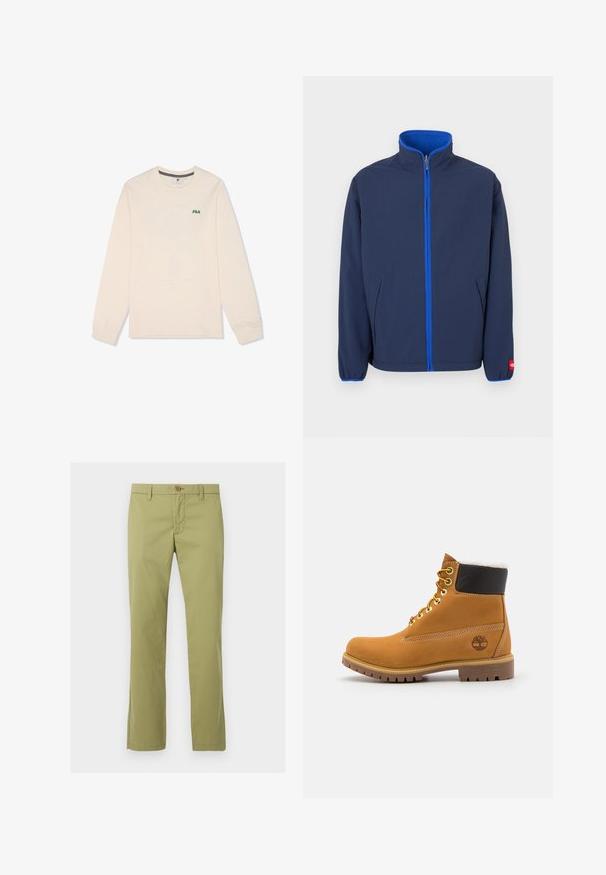 Chaqueta azul marino con cuello alto, forro polar en el cuello y cremallera azul en contraste. Cuenta con bolsillos laterales y puños elásticos.; Camisa de manga larga de algodón color crema. Presenta un pequeño logotipo verde de "FILA" en el pecho y un diseño de cuello redondo con puños acanalados.; Pantalones rectos de color verde claro con cierre de botón y cremallera, trabillas para cinturón y sin bolsillos visibles, mostrados de frente sobre un fondo blanco.; Botín de cuero marrón con ojales de metal, forro de piel sintética blanca, cuello acolchado negro, suela resistente y logotipo en relieve en el costado.