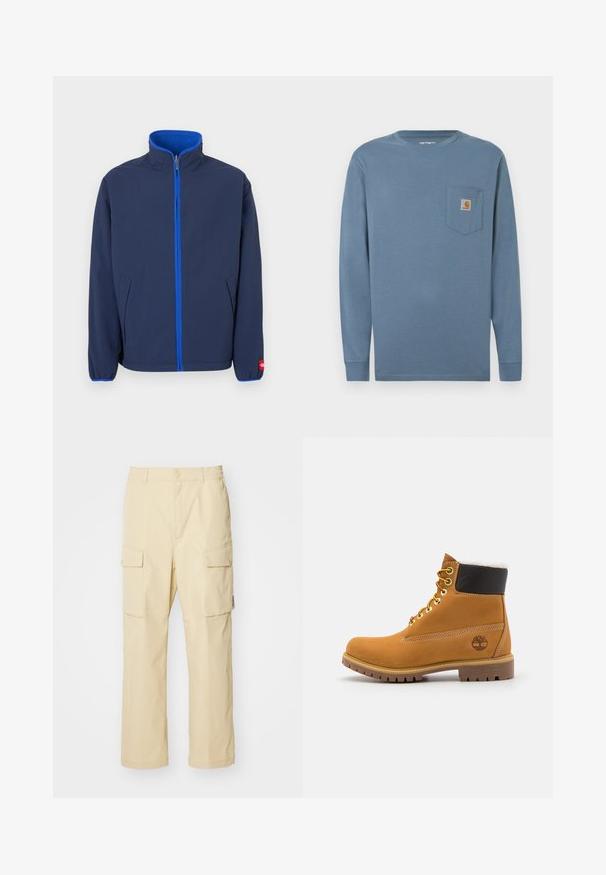 Chaqueta azul marino con cuello alto, forro polar en el cuello y cremallera azul en contraste. Cuenta con bolsillos laterales y puños elásticos.; Camisa de algodón azul de manga larga con cuello redondo, bolsillo en el pecho izquierdo y parche con el logotipo de Carhartt. Textura suave, dobladillo recto y mangas ajustadas.; Pantalones cargo beige hechos de tela con cinturilla elástica y cierre de botón. Presenta dos bolsillos laterales y un diseño simple.; Botín de cuero marrón con ojales de metal, forro de piel sintética blanca, cuello acolchado negro, suela resistente y logotipo en relieve en el costado.
