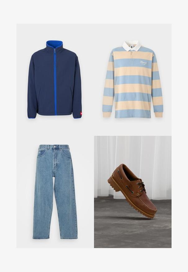 Marineblaue Jacke mit hohem Kragen, Fleece-Futter im Kragen und kontrastierendem blauen Reißverschluss. Verfügt über Seitentaschen und elastische Bündchen.; Langärmliges Rugbyshirt mit breiten horizontalen beigen und hellblauen Streifen, weißem Kragen und dem Schriftzug "Element Co. 1992" auf der Brust.; Hellblaue Denim-Jeans mit hoher Taille und lockerer Passform, ausgestattet mit zwei vorderen Taschen, einer hinteren Aufsatztasche und einem Knopfverschluss.; Brauner Leder-Bootsschuh mit schwarzen Schnürsenkeln, beigen Nähten und einer robusten Sohle, schwebt über einem grauen Betonboden.