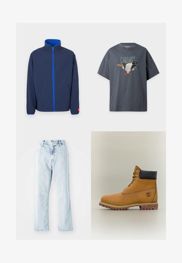 Navyblå jakke med høj hals, fleecefor i kraven og kontrasterende blå lynlås. Har sidelommer og elastiske manchetter.; Mørkegrå Carhartt t-shirt med grafik af en flyvende and og teksten "CARHARTT Work in Progress" på forsiden.; Lyseblå denim-jeans med lige ben, der har høj talje, fem lommer og knaplukning. Falmet tekstur over det hele.; Brun læderankelstøvle med sort krave, gule snørebånd og tanfarvet sål. Har logo og hvide syninger som detalje. Robust ydersål med greb.