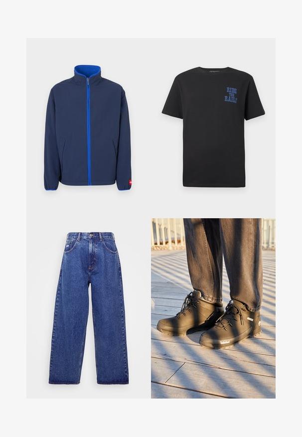 Veste bleu marine avec un col montant, doublure polaire dans le col, et une fermeture éclair contrastante bleue. Comprend des poches latérales et des poignets élastiques.; T-shirt en coton noir à manches courtes avec le texte bleu "RIDE THE RAILS" sur la partie gauche de la poitrine. Col rond et coupe standard.; Jean en denim bleu à larges jambes et taille haute, avec cinq poches, une fermeture à bouton et un léger délavage pour une texture.; Des bottes de randonnée Timberland noires présentent un design montante, une surface texturée et des lacets ronds, le tout sur un fond de sol en bois.