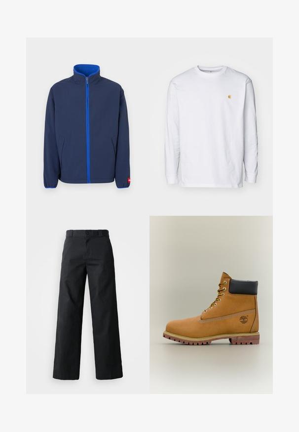 Marineblaue Jacke mit hohem Kragen, Fleece-Futter im Kragen und kontrastierendem blauen Reißverschluss. Verfügt über Seitentaschen und elastische Bündchen.; Weißes Langarm-T-Shirt aus Baumwolle. Mit kleinem goldenem Logo auf der Brust und Rundhalsausschnitt. Einfaches Design und normale Passform.; Schwarze weit geschnittene Baumwollhose. Verfügt über einen Knopfverschluss, Gürtelschlaufen und Seitentaschen. Glatte Textur mit tailliertem Schnitt.; Brauner Leder-Stiefelette mit schwarzem Kragen, gelben Schnürsenkeln und hellbrauner Sohle. Verfügt über ein Logo und weiße Ziernähe. Robuste Profilsohle.