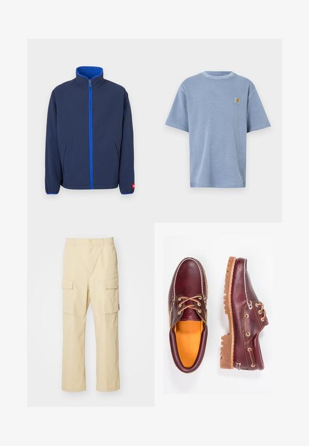 Chaqueta azul marino con cuello alto, forro polar en el cuello y cremallera azul en contraste. Cuenta con bolsillos laterales y puños elásticos.; Camiseta de manga corta color azul claro con un patrón acanalado texturizado y parche de logo bordado en el pecho izquierdo. Cuello redondo.; Pantalones cargo beige hechos de tela con cinturilla elástica y cierre de botón. Presenta dos bolsillos laterales y un diseño simple.; Zapatos de cuero burdeos con suelas de goma marrón, puntera redonda, costuras blancas y ojales dorados. El interior cuenta con un forro amarillo.