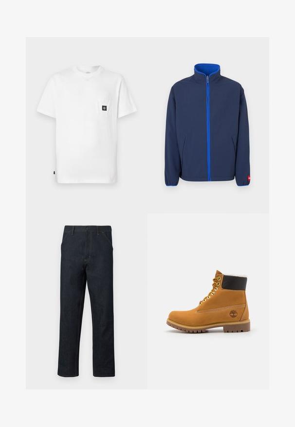 Marineblauw jack met een hoge kraag, fleece voering in de kraag en een contrasterende blauwe rits. Voorzien van zijzakken en elastische manchetten.; Witte katoenen T-shirt met een ronde hals, korte mouwen en een borstzakje met een zwarte logo-patch. Gladde textuur, losse pasvorm.; Donkerblauwe spijkerbroek met een recht model, gele stiksels, voorzakken en een knoopsluiting in de taille.; Bruine leren enkellaars met metalen oogjes, witte faux bont voering, zwarte gewatteerde kraag, robuuste zool en een reliëflogo aan de zijkant.