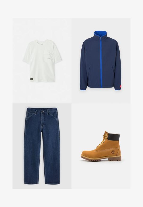 Marineblauw jack met een hoge kraag, fleece voering in de kraag en een contrasterende blauwe rits. Voorzien van zijzakken en elastische manchetten.; Korte mouwen, lichtgroen t-shirt gemaakt van katoen. Voorzien van een borstzak en een klein logo nabij de zak. Zachte textuur, casual ontwerp.; Donkerblauwe rechte spijkerbroek met knoop- en ritssluiting aan de voorkant, schuine voorzakken en zichtbare witte stiksels.; Bruine leren enkellaars met metalen oogjes, witte faux bont voering, zwarte gewatteerde kraag, robuuste zool en een reliëflogo aan de zijkant.