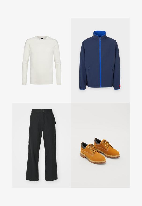 Marineblauw jack met een hoge kraag, fleece voering in de kraag en een contrasterende blauwe rits. Voorzien van zijzakken en elastische manchetten.; Witte langemouwen T-shirt van zachte stof, met een ronde hals en aansluitende mouwen, zonder zichtbare patronen of versieringen.; Zwarte wijde broek van lichtgewicht stof, met een knoopsluiting, voorzakken en een soepele textuur.; Bruine suède schoenen met een ronde neus, gele veters, een gewatteerde zwarte kraag en rubberen zolen met gripgroeven.
