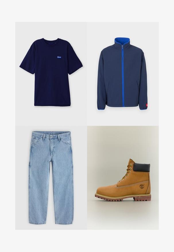 Marineblaue Jacke mit hohem Kragen, Fleece-Futter im Kragen und kontrastierendem blauen Reißverschluss. Verfügt über Seitentaschen und elastische Bündchen.; Hemd aus navyblauem Baumwollstoff mit Rundhalsausschnitt, kurzen Ärmeln und einem kleinen rechteckigen Markenetikett in Blau und Weiß auf der linken Brust.; Hellblaue Jeans mit geradem Bein, vorderem Knopf, Reißverschluss, Gürtelschlaufen und schrägen Vordertaschen auf einfarbigem Hintergrund.; Brauner Leder-Stiefelette mit schwarzem Kragen, gelben Schnürsenkeln und hellbrauner Sohle. Verfügt über ein Logo und weiße Ziernähe. Robuste Profilsohle.