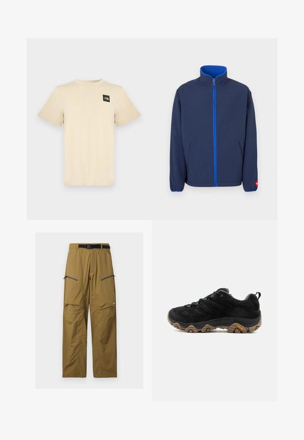 Veste bleu marine avec un col montant, doublure polaire dans le col, et une fermeture éclair contrastante bleue. Comprend des poches latérales et des poignets élastiques.; T-shirt beige à manches courtes en coton, avec un petit logo carré noir sur la partie supérieure gauche de la poitrine. Col rond simple.; Pantalon de plein air kaki avec ceinture noire réglable, deux poches zippées sur les cuisses et coutures au niveau des genoux, présenté sur un fond uni.; Chaussure de randonnée noire avec semelle Vibram marron robuste, dessus en mesh et en daim, design à lacets et languette arrière, vue de côté extérieur.