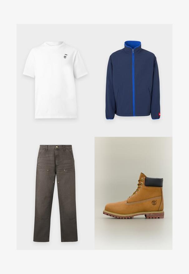 Veste bleu marine avec un col montant, doublure polaire dans le col, et une fermeture éclair contrastante bleue. Comprend des poches latérales et des poignets élastiques.; T-shirt blanc à manches courtes avec col rond et petit motif noir d'une crevette au-dessus d'une plante sur le côté gauche de la poitrine.; Pantalon de travail marron à jambes droites avec genouillères renforcées, poches avant, passants pour ceinture et fermeture par bouton.; Bottine en cuir marron avec col noir, lacets jaunes et semelle beige. Présente un logo et des détails de couture blanche. Semelle extérieure à traction robuste.