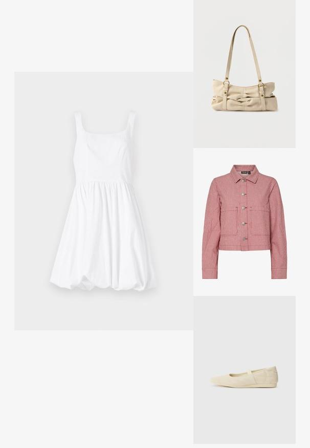 Chaqueta de mezclilla a rayas rojas y blancas con un cuello, botones de metal, dos bolsillos frontales y mangas largas. Diseño recortado con detalles de costura.; Vestido de algodón blanco con escote cuadrado, tirantes finos y falda acampanada, creando una silueta voluminosa.; Bailarinas beige con un exterior de cuero liso, punta en forma de almendra y una correa elástica en el empeine, con detalles de costura sutiles.; Bolso de mano beige de cuero sintético con dos tirantes largos, textura fruncida y adornos de herrajes de latón. Diseñado con una forma ancha y relajada.