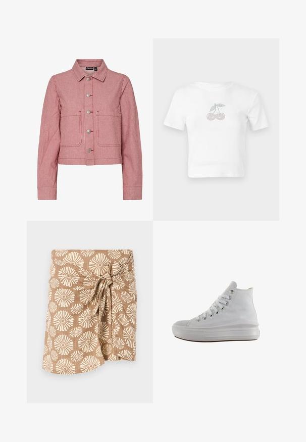 Veste en denim rayée rouge et blanche avec un col, des boutons en métal, deux poches avant et des manches longues. Design court avec des détails cousus.; T-shirt cropped en coton blanc avec un motif de cerises à pois en rose et vert sur le devant. Manches courtes et col rond.; Jupe enveloppante à motifs marron avec de grandes fleurs crème, nouée à la taille, fabriquée en tissu léger.; Baskets montantes en toile blanche avec lacets blancs, œillets métalliques, semelle épaisse en caoutchouc et bout texturé, orientées vers la gauche sur fond blanc.