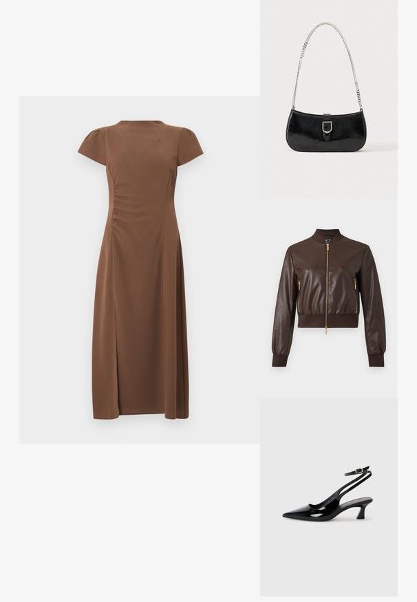 Veste bomber en similicuir marron foncé avec fermetures éclair dorées, poignets et ourlet côtelés, vue de face sur fond uni.; Robe midi marron à manches courtes, taille ajustée, léger froncé sur un côté, avec une fente sur la jupe avant gauche.; Escarpins à brides arrière en cuir verni noir, à bout pointu, avec un petit talon carré et une sangle de cheville ajustable dotée d'une boucle dorée.; Sac à épaule en cuir verni noir avec détail de boucle argentée et bandoulière en chaîne argentée, présenté sur un fond uni clair.