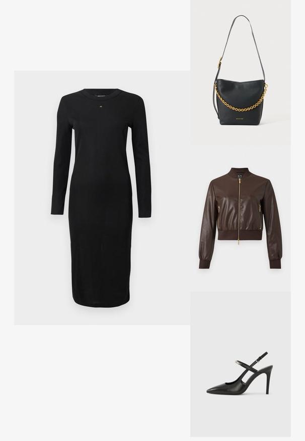 Veste bomber en similicuir marron foncé avec fermetures éclair dorées, poignets et ourlet côtelés, vue de face sur fond uni.; Robe midi noire à manches longues avec col rond et petit logo doré "AX" centré sous l'encolure, silouhette ajustée.; Escarpins slingback en cuir noir avec bout pointu, design ajouré et bride ajustable ornée de ferrures métalliques.; Sac à bandoulière en cuir noir avec une large sangle et une chaîne dorée décorative, avec un petit logo doré à l'avant.