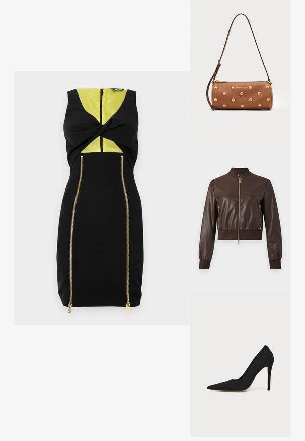 Σκούρο καφέ bomber μπουφάν από συνθετικό δέρμα με χρυσαφί φερμουάρ και ριμπ μανσέτες και τελείωμα, πρόσοψη σε απλό φόντο.; Μαύρο φόρεμα με κίτρινη πάνελ, λεπτομέρεια στριφτού μπροστά και χρυσούς φερμουάρ στα πλάγια για πρόσθετη αντίθεση σχεδίου.; Μαύρη γόβα στιλέτο με ψηλό τακούνι, μυτερή μύτη και λεία υφή, εμφανίζεται από το πλάι σε ένα απλό ανοιχτό φόντο.; Καφέ κυλινδρική τσάντα από δέρμα με χρυσά τρουκς, ρυθμιζόμενο λουρί και χρυσό λογότυπο Michael Kors μπροστά.