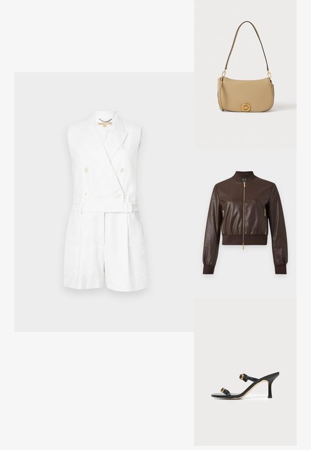 Σκούρο καφέ bomber μπουφάν από συνθετικό δέρμα με χρυσαφί φερμουάρ και ριμπ μανσέτες και τελείωμα, πρόσοψη σε απλό φόντο.; Λευκό αμάνικο ολόσωμο φόρεμα με διπλό κουμπί, μεγάλους κώνους και ζώνη στη μέση, με κομψό κοντό στυλ και καθαρές γραμμές.; Μαύρο πέδιλο με ψηλό τακούνι, δύο λεπτά λουράκια με χρυσή στρογγυλή αγκράφα και λεπτό κωνικό τακούνι.; Μικρό μπεζ δερμάτινο τσαντάκι ώμου με καμπυλωτό καπάκι και χρυσό κυκλικό κούμπωμα με το λογότυπο MK, σε απλό ανοιχτό φόντο.