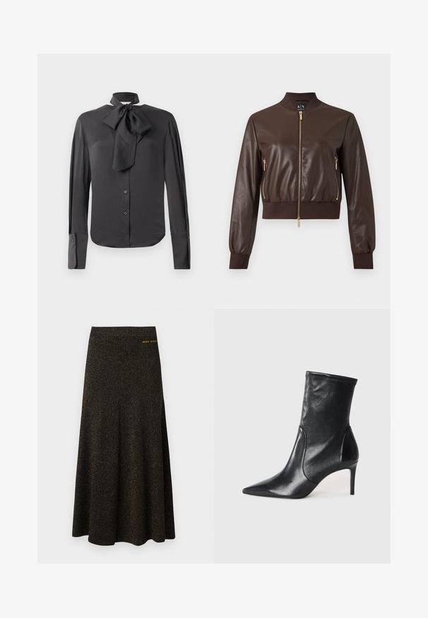 Veste bomber en similicuir marron foncé avec fermetures éclair dorées, poignets et ourlet côtelés, vue de face sur fond uni.; Blouse noire en tissu lisse, avec un col à nœud, des manches longues, une fermeture à boutons à l'avant et des détails aux poignets.; Jupe midi noire en ligne A avec un subtil éclat doré et un petit logo doré "Armani Exchange" près de la taille côté droit.; Bottes noires à la cheville en cuir lisse, dotées d'un bout pointu, d'un tige ajustée et d'un talon haut fin. Design minimaliste sans quincaillerie visible.