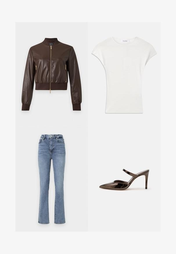 Veste bomber en similicuir marron foncé avec fermetures éclair dorées, poignets et ourlet côtelés, vue de face sur fond uni.; Chemise blanche à manches courtes en tissu côtelé doux. Encolure ras du cou ; coupe décontractée avec des manches légèrement bouffantes. Étiquette de la marque visible au niveau de l'encolure.; Jean en denim bleu taille haute avec une coupe droite, présentant un style classique à cinq poches et de subtils accents de couture.; Mule à talon haut marron foncé brillant à bout pointu avec une fine bride sur le coup de pied sur fond blanc uni.