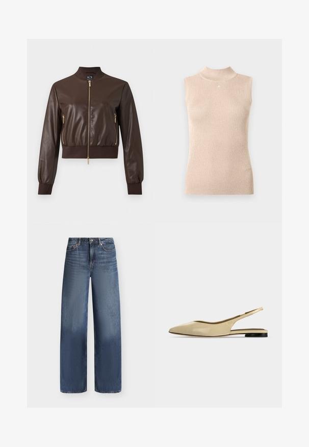 Veste bomber en similicuir marron foncé avec fermetures éclair dorées, poignets et ourlet côtelés, vue de face sur fond uni.; Haut sans manches à col montant en maille côtelée beige doux. Présente un léger éclat, une forme ajustée et un petit logo au niveau de l'encolure.; Jean en denim bleu à coupe droite, design cinq poches, fermeture par boutons et légère décoloration sur le haut des cuisses et les genoux.; Chaussure plate beige à bout pointu avec bride arrière, petit talon noir et finition en cuir lisse, vue de côté sur un fond uni.