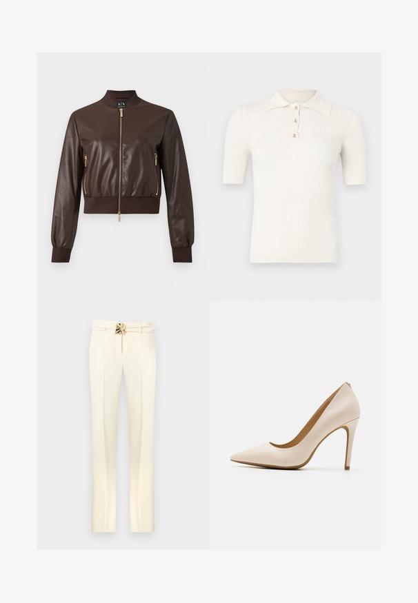 Veste bomber en similicuir marron foncé avec fermetures éclair dorées, poignets et ourlet côtelés, vue de face sur fond uni.; Polo crème côtelé à manches courtes, doté d'un col plat et de trois boutons décoratifs au niveau de l'encolure. Texture lisse.; Pantalon sur mesure de couleur crème avec une taille ceinturée ornée de détails en métal doré, jambes droites, et une texture lisse et douce.; Escarpin beige à talon haut, à bout pointu, finition en cuir lisse, talon stiletto mince, design minimaliste avec un détail arrière subtil.