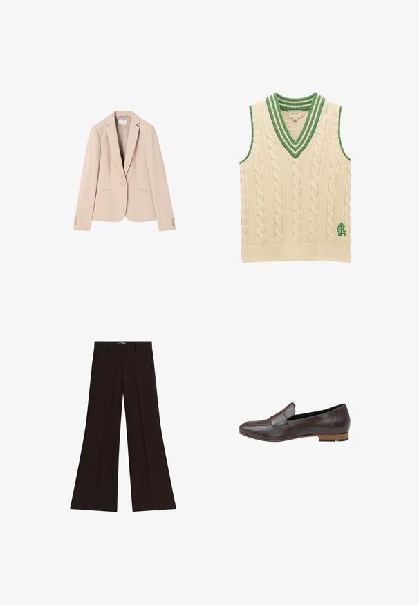 Blazer ajusté beige avec une fermeture à un bouton, des revers crantés, deux poches avant et des poignets boutonnés, fabriqué à partir d'un textile lisse.; Gilet sans manches en maille torsadée crème avec un col en V rayé vert et un logo vert brodé près de l'ourlet.; Pantalons larges noirs taille haute avec passants de ceinture et poches latérales, posés à plat sur un fond blanc.; Mocassins en cuir marron avec une finition lisse, un bout arrondi et un petit talon empilé. Présente un détail de sangle simple sur le cou-de-pied.