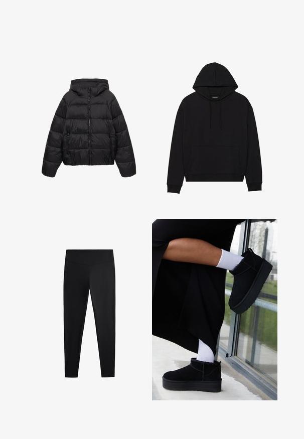 Doudoune matelassée noire avec capuche, fermeture éclair frontale et poches latérales zippées, conçue pour temps froid.; Sweat-shirt à capuche noir en tissu doux, avec une poche avant, des cordons de serrage et des poignets et un ourlet côtelés. Design simple et classique.; Leggings noirs en tissu lisse et extensible. Dotés d'une taille large et d'un design de jambe fuselée, adaptés pour une utilisation active ou décontractée.; Bottines en cuir suédé noir à semelle plate, avec une languette arrière, portées avec des chevilles blanches sur un fond minimaliste.