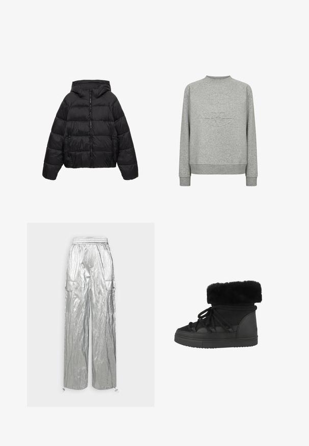 Sort quiltet dunjakke med hætte, lynlås foran og lynlåslommer i siderne, designet til koldt vejr.; Lysegrå crewneck-sweatshirt med lange ærmer og en diskret præget logo på brystet.; mbyM MARELLA - Bukser - silver; Sorte ankelstøvler med kunstpels, der har struktureret materiale, rund tå og flad gummisål. Inkluderer snørebånd til lukning.