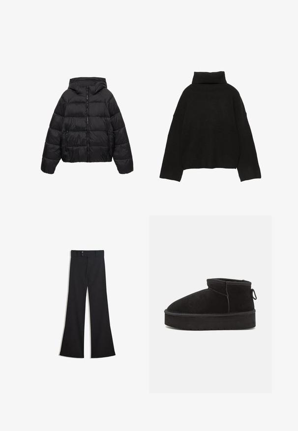 Sort quiltet dunjakke med hætte, lynlås foran og lynlåslommer i siderne, designet til koldt vejr.; Sort strikket sweater med en høj, ribstrikket rullekrave og sænkede skuldre. Har en afslappet, firkantet pasform samt ribstrikkede manchetter og kant.; Sorte vidde bukser med høj talje, dobbelte knapper ved linningen og lynlås foran, lagt fladt på en hvid baggrund.; Sorte ruskinds ankelstøvler med en rund tå, der har en forhøjet sål og en sidesløjfe for nem påtagning. Designet er enkelt med minimale detaljer.