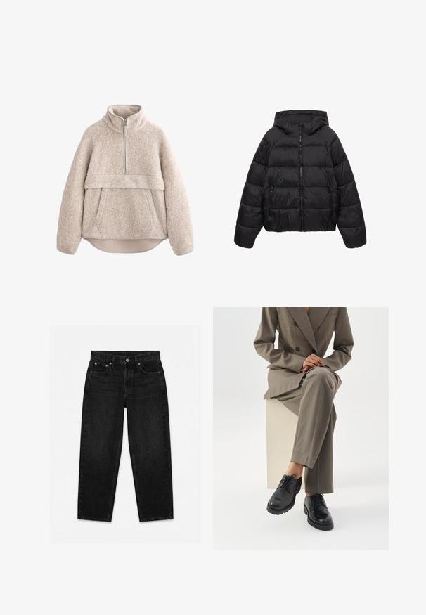 Sort quiltet dunjakke med hætte, lynlås foran og lynlåslommer i siderne, designet til koldt vejr.; Beige, struktureret fleece-pullover med høj krave, lynlås i halv længde og frontlomme. Har brede ærmer og en buet kant.; Sorte, højtsiddende jeans med lige ben, knaplukning, lommer foran og bagpå samt bæltestropper, lagt fladt på hvid baggrund.; Person iført en taupe dragt, der sidder på en hvid blok med benene krydset og viser sorte snørelæder sko på en hvid baggrund.