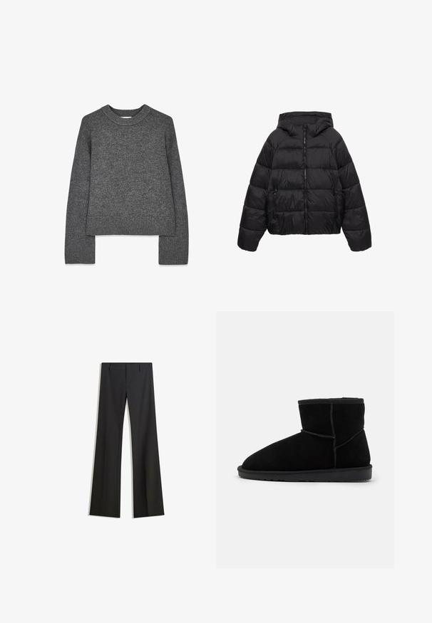 Sort quiltet dunjakke med hætte, lynlås foran og lynlåslommer i siderne, designet til koldt vejr.; Grå strikket sweater med lange ærmer, rund hals, ribbede manchetter og kant. Blød tekstur med et let cropped design.; Sorte, flarede bukser med en glat tekstur, der har en skræddersyet pasform og en talje. Ingen synlige mønstre eller udsmykninger.; Sorte ruskind ankelstøvler med en rund tå, placeret på en flad gummisål. Har minimal syning og en blød indvendig foring.