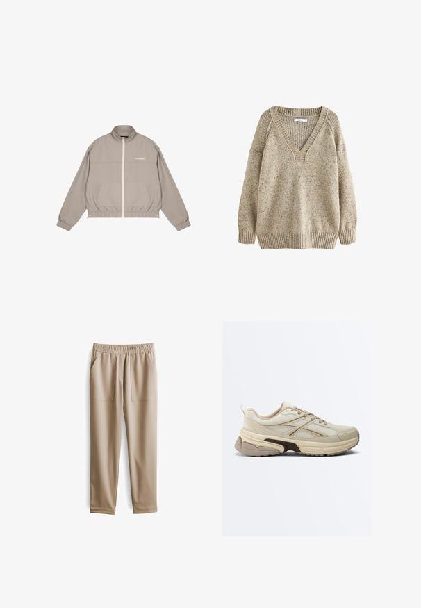 Lichtbeige ritsjack met een hoge kraag, elastische manchetten en twee voorzakken. Heeft een wit merkembleem op de borst.; Beige gebreide trui met een V-hals, ribgebreide manchetten en zoom. De textuur heeft een gemêleerd patroon, wat de visuele details versterkt.; Beige elastische broeken met een tailleband, twee voorzakken, taps toelopende pijpen en een gladde textuur, geschikt voor casual kleding.; Beige en lichtbruine sportschoen met mesh panelen, dikke gevoerde zool, vetersluiting en trekkoord op een witte achtergrond.