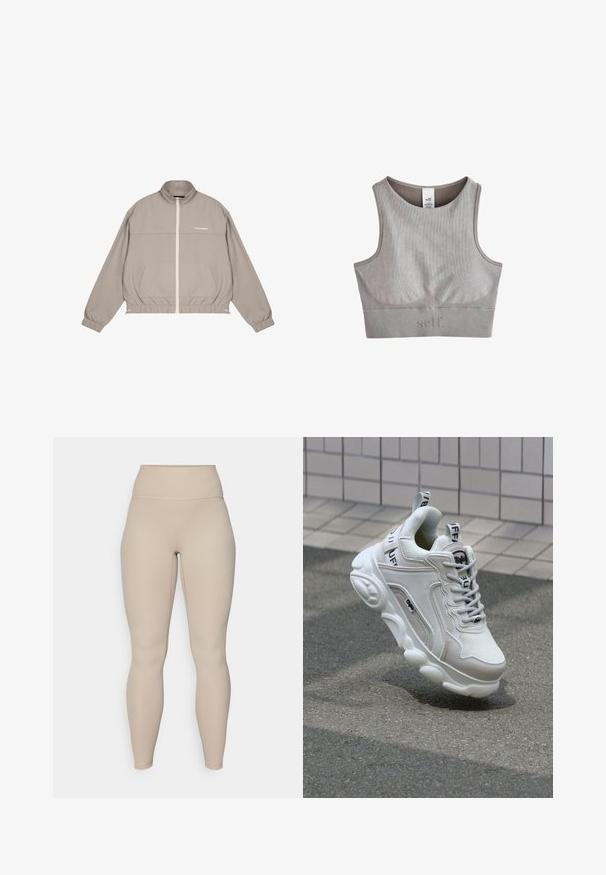 Lys beige lynlåsjakke med høj krave, elastiske manchetter og to frontlommer. Har et hvidt brandlogo på brystet.; Grå ribbet sportsbh med rund halsudskæring, tykke skulderstropper og subtilt logo-detalje forneden. Blødt, sømløst stof.; Beige høj talje leggings med ribbet tekstur, der har en glat talje og tætsiddende ben, designet til komfort og fleksibilitet.; Hvide sneakers med mesh- og lædermaterialer, rund tå, tyk sål, fremtrædende snørebånd og branding på hælen og tungen.
