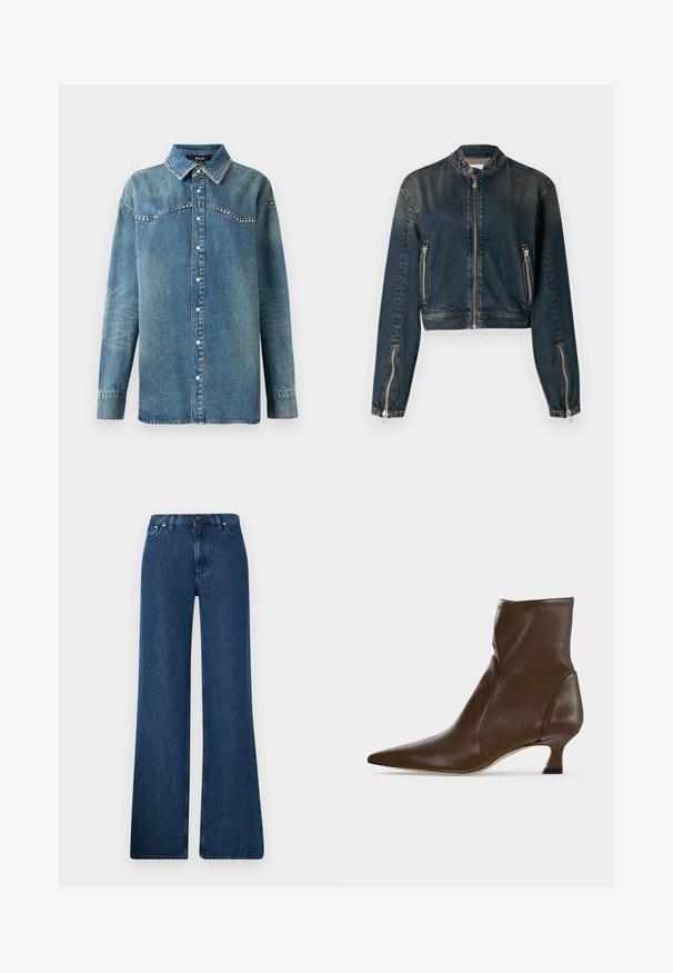 Donkerdenim cropped jack met hoge kraag, ritssluiting aan de voorkant en twee zijzakken met rits. Heeft slanke zilverkleurige hardware en een licht vervaagde textuur.; Blauwe denim overhemd met lange mouwen, drukknoopsluiting, puntige kraag en strass-details langs de schouderpas en kraagranden.; Blauwe denim flared jeans met een hoge taille, vijf-pocket ontwerp en metalen knoopsluiting. Gladde textuur, casual stijl en minimale stiksels.; Bruine leren enkellaars met puntige neus en lage, gebogen hak op een lichte achtergrond.