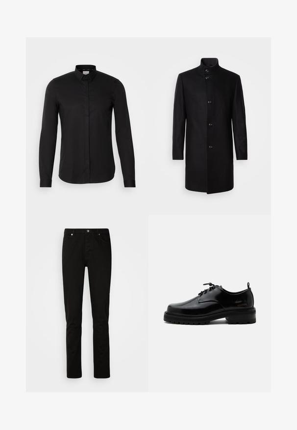 Zwart wollen blend jas met een hoge kraag, sluiting met knopen aan de voorkant, lange mouwen en een gestroomlijnde silhouette. Geen patronen of versieringen.; Zwarte langarmshirt van gladde stof, met een button-down kraag, een voorpannetje en een subtiele logo detail op de borst.; Zwarte rechtvallende spijkerbroek met knoop- en ritssluiting aan de voorkant, voor- en achterzakken, getoond op een effen lichte achtergrond.; Zwarte gepolijste leren veterschoen met dikke rubberen zool en lage hak, zijmerktekst "SAMSOE" en een achterste aantreklus.