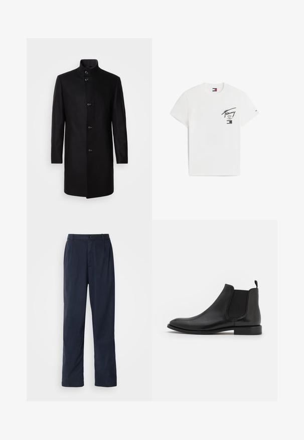Zwart wollen blend jas met een hoge kraag, sluiting met knopen aan de voorkant, lange mouwen en een gestroomlijnde silhouette. Geen patronen of versieringen.; Wit T-shirt met korte mouwen met zwarte handgeschreven tekst "Tommy" en stadsnamen gedrukt op de borst, plus een klein Tommy Hilfiger vlaglogo op de linkermouw.; Navyblauwe broek van een katoenmix. Heeft een recht model, een sluiting met een voorste knoop en subtiele plooien. Gladde textuur.; Zwarte leren Chelsea boot met elastische zijpanelen, een ronde neus en een lage hak. Gladde textuur met een minimalistisch ontwerp.
