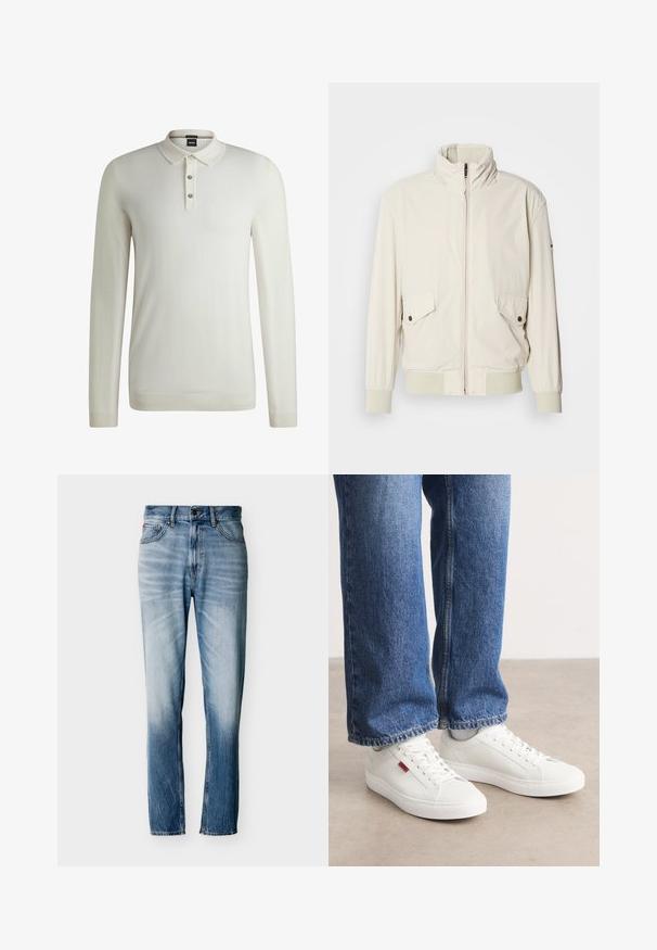 Lys beige jakke med høj krave, lynlås, to klaplommer og ribbede manchetter. Fremstillet af et blødt, glat materiale.; BOSS LANCIONE - Striktrøje - open white eleven; Blå falmede jeans med lige ben, fem lommer, knaplukning og bæltestropper, vist fladt på hvid baggrund.; Hvide sneakers med en glat overflade, rund tå og flad sål. Accompaneret af blå denim jeans med en lige pasform og synlige sømme.