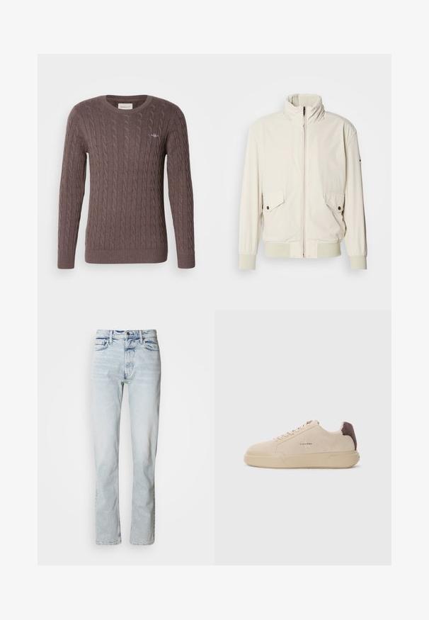 Licht beige jasje met een hoge kraag, ritssluiting, twee klepzakken en ribgebreide manchetten. Gemaakt van een zachte, gladde stof.; Bruine kabelgebreide trui met een ronde hals, lange mouwen en geribbelde manchetten en zoom. Bevat een klein geborduurd logo op de borst.; Lichtblauwe denim jeans met een rechte pasvorm, verweerde structuur, vijfzakkenontwerp en een klassieke knoopsluiting in de taille.; Beige suède sneakers met een ronde neus, vetersluiting aan de voorkant en een bruine suède accent op de hiel. Beschikt over een gestructureerde rubberen zool.