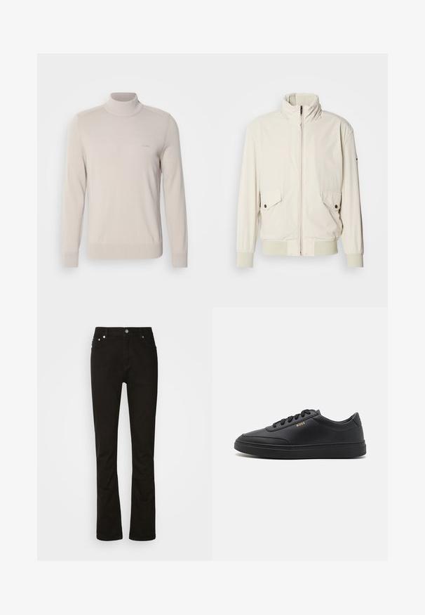 Lys beige jakke med høj krave, lynlås, to klaplommer og ribbede manchetter. Fremstillet af et blødt, glat materiale.; Lys beige turtleneck sweater lavet af blødt stof. Har ribbede manchetter og kant, med et diskret logo på brystet. Klassisk design.; Sorte denimjeans med lige ben-design, der har frontlommer, lynlåsgylpter og sølvfarvede hardware-detaljer. Glat tekstur, ingen mønstre.; Sorte lædersneakers med en glat overflade, rund tå, flad gummisål og tonede snørebånd. Udstyret med guld "BOSS" branding på siden.