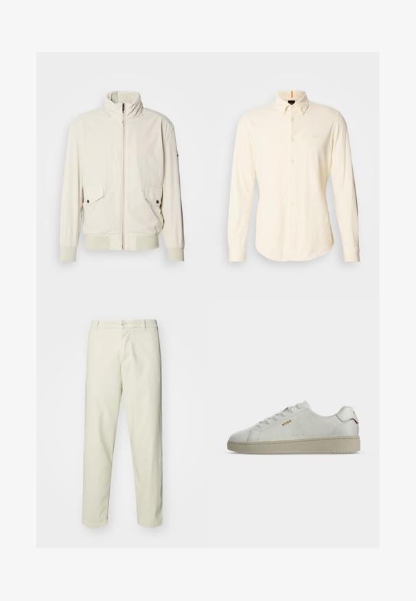 Veste beige clair avec un col haut, fermeture éclair, deux poches à rabat et des poignets côtelés. Fabriquée dans un matériau doux et lisse.; Chemise à manches longues, boutonnée, en coton beige clair ; dotée d'un col classique et d'un petit logo sur le côté supérieur gauche de la poitrine.; Pantalon en coton beige clair avec une coupe droite, dotés d'une fermeture à bouton à l'avant et de poches standard, texture lisse et sans motifs.; Baskets blanches basses avec semelle beige, logo doré "HUGO" sur le côté et accent rouge sur la languette du talon, vues de profil.